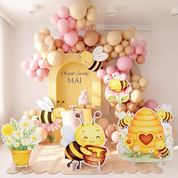 Honoson 4 Pcs 22.8" x 23.6" Large Bee Baby Shower Decorations Cardboard Cutouts, a Little Honey is on The Way Bee Theme Backdrop Daisy Sunflower Yard Signs for Birthday Party Supplies Photo Prop