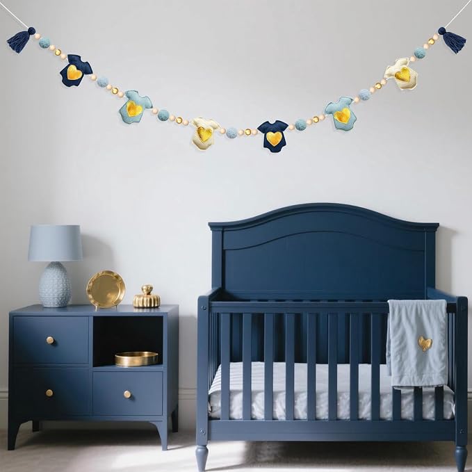 Dusty Blue Gold Baby Clothes Decoration Pre-Strung Handmade Felt Baby Clothes Wooden Bead Wool Felt Ball Garland Banner for Sweet Boy It's a Boy Baby Shower Party Nursery Fireplace Home Wall Decor