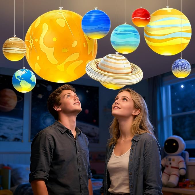 Inflatable Solar System Planets with LED Lights, 9 Hanging Planets with Remote Control, Space Themed Classroom Decor, Kids Room Decoration, Astronomy Science Display, Birthday Party Supplies