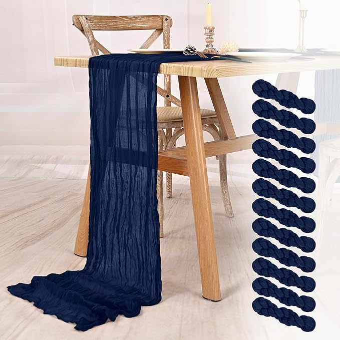 12 Pack Navy Blue Cheesecloth Table Runner 10FT Boho Gauze Cheese Cloth Table Runner Rustic Sheer Fabric Table Runners for Wedding Bridal Shower Baby Shower Party(21.5×120 Inch)