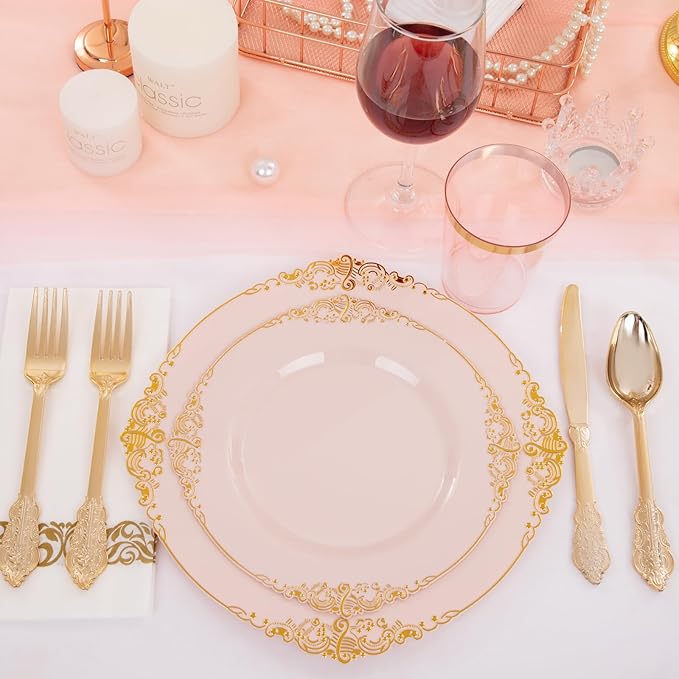 Morejoy 175pcs Pink Plastic Plates - Pink and Gold Disposable Plates sets, Include 25 Dinner Plates,25 Dessert Plates,25 Cutlery Sets,25 Napkins Perfect for Wedding & Party & Holiday & Mother's Day