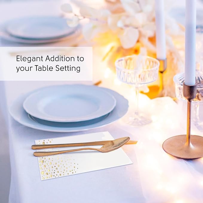Stylish Gold Dinner Napkins, Disposable White and Gold Napkins, 100 Heart Napkins, 7.5 x 4.25 Inch Wedding Napkins for Reception, 3-Ply Gold Paper Dinner Napkins for Wedding Reception