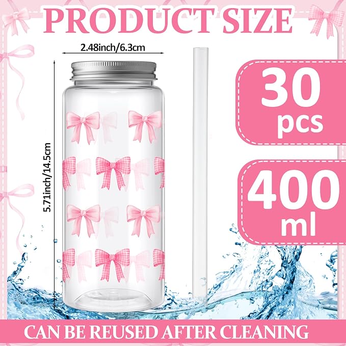 Skylety 30 Pcs Coquette Bow Aesthetic Cup Plastic Tumbler with Lids and Straws 13.5 oz Reusable Cute Plastic Cups for Women Sea Summer Birthday Bridal Wedding Party Supplies