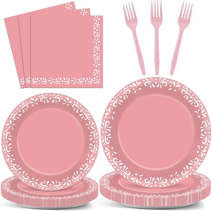 96 Pcs Pink Cielito Party Theme Lindo Decorations Mexican Disposable Plates Mexicanos Baby Shower Decorations Pink Mexican Dinnerware for Baby Shower Wedding Birthday Party Supplies Serves 24 Guests