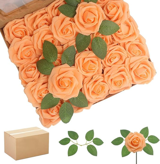 200PCS Orange Artificial Flowers Roses Real Looking Foam Fake Roses with Leaves for DIY Wedding Bouquets Bridal Shower Party Decorations (Orange, 200)
