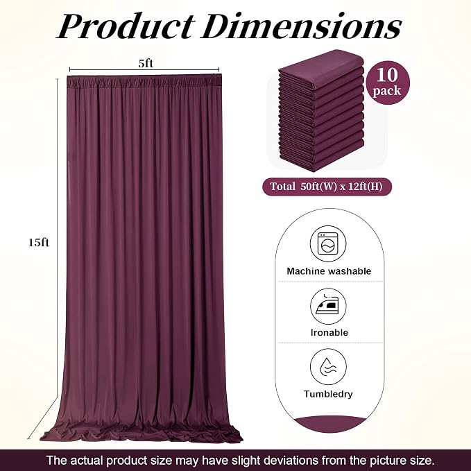 50ft x 15ft Burgundy Backdrop Curtains for Wedding Parties, 10 Panels Extra Long Wrinkle Free Fabric Drapes Photo Backdrop for Baby Shower Birthday Stage Reception Lobby Decoration