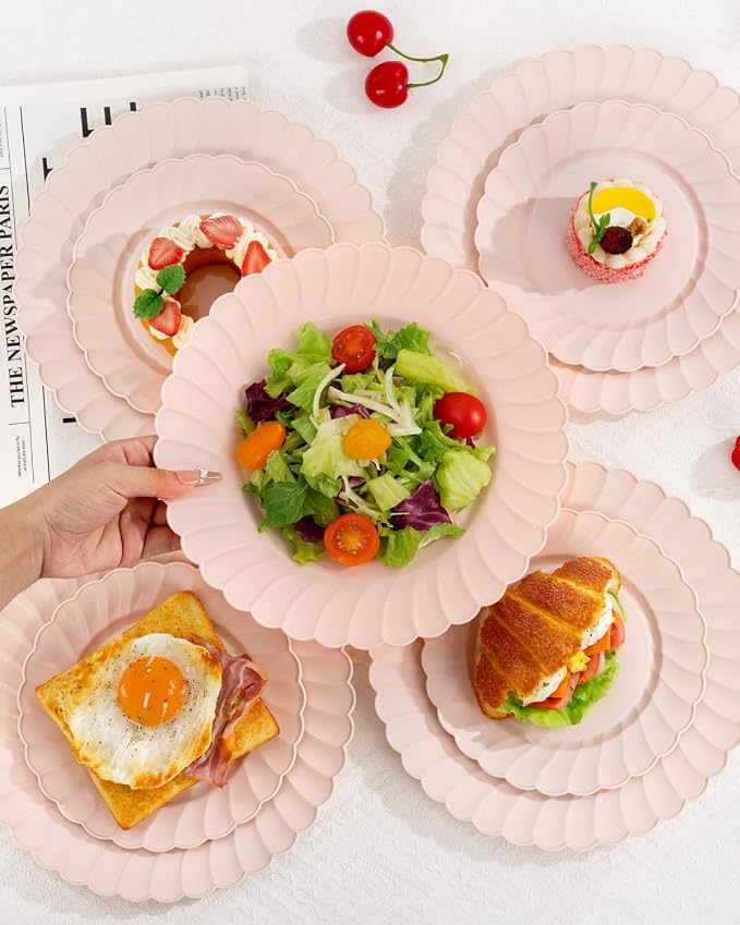 YOUBET 100PCS Pink Scalloped Plastic Plates - Heavy Duty Pink Disposable Fancy Hard Plates Include 50 Dinner Plate, 50 Dessert Plate, for Wedding & Party