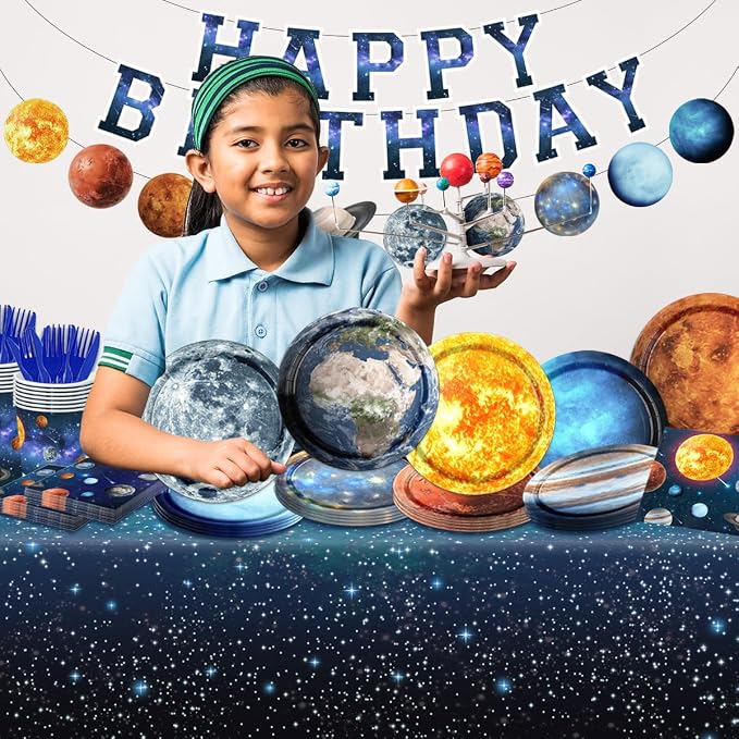 Space Theme Party Decorations-142Pcs Space Plates and Napkins Kit Galaxy Solar System Outer Space Tableware for Birthday Party