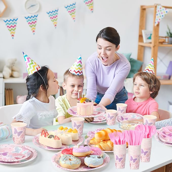 Ziliny 350 Pcs Butterfly Party Supplies Tableware Set Disposable 9'' 7'' Paper Plates 9 oz Cups Cutlery Napkins Dinnerware Set for 1st Birthday, Serve 50 (Butterfly, Purple, Pink)