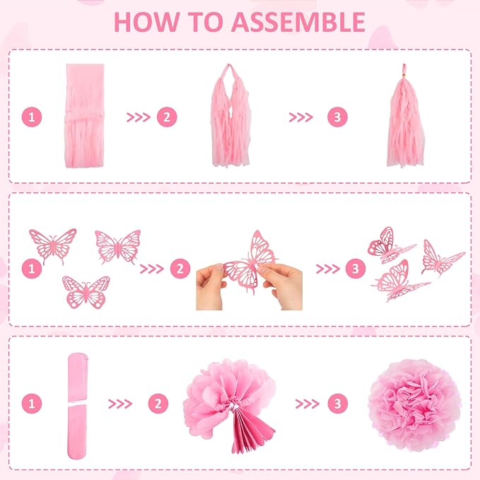 Pink Birthday Party Decorations, Pink and White Pearl Confetti Foil Balloons Happy Birthday Banner Fringe Curtain Butterfly Hanging Swirls Circle Dots Tassels Pompoms for Women Girls Party Supplies