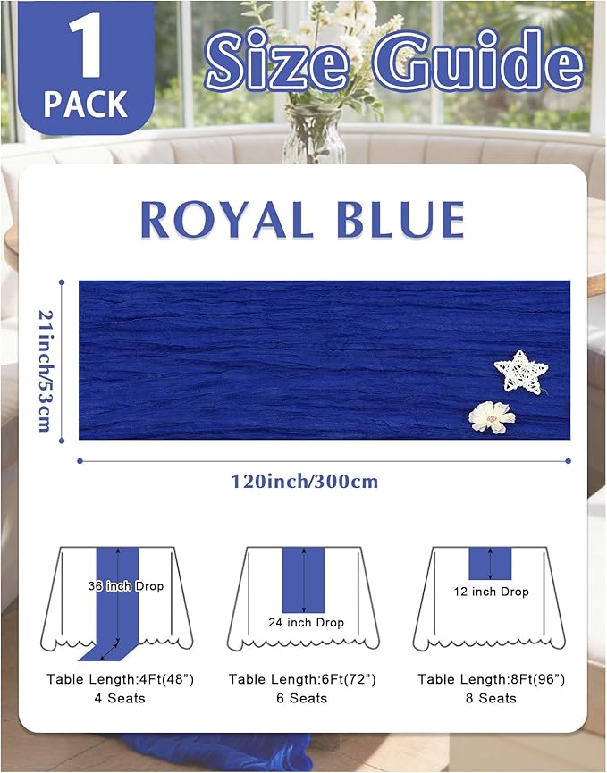 Royal Blue Cheesecloth Table Runner 21x120 Inch Gauze Table Runners Reusable Polyester 10ft Boho Rustic Cheese Cloth Table Runner for Wedding Party Baby Shower Birthday