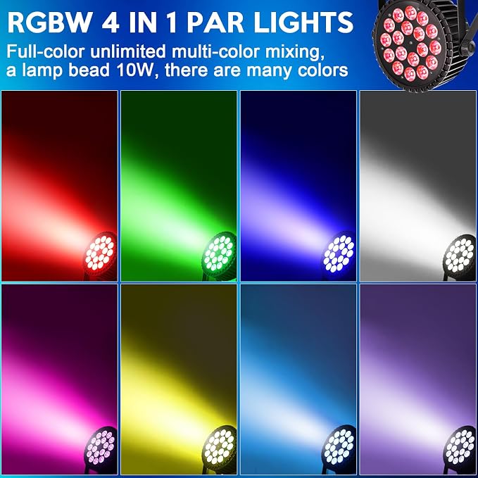 Stage Lights LED Par Lights，10X18W RGBW 4-in-1 LED DJ Par Can Light with Strobe/Wash Stage Effect by DMX512 & Sound Activated Uplighting for Events Wedding Parties Church Club DJ Live Show