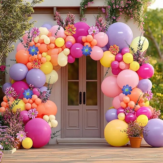 Hot Pink Purple Balloon Arch Double Stuffed Balloons with Artificial Flowers Eucalyptus Leaves Pastel Yellow Peach Magenta Latex Garland for Wildflower Birthday Baby Shower Wedding Floral Party Decor