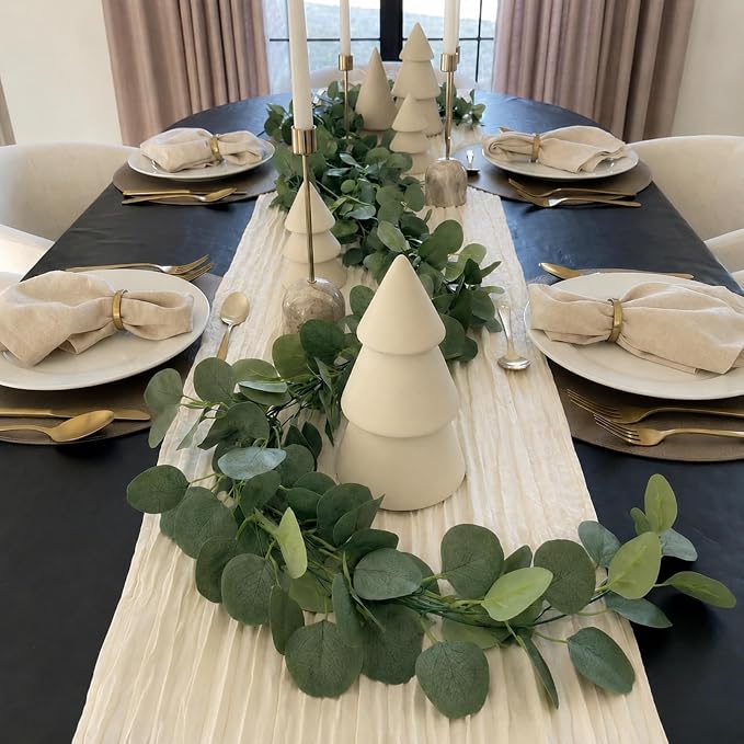 Leinuosen 8 Set 10 Ft Ivory Cheesecloth Table Runner Wedding Decor with 6 Ft Eucalyptus Garland, Boho Gauze Table Centerpiece Runner for Wedding Baby Shower Birthday Party Decoration