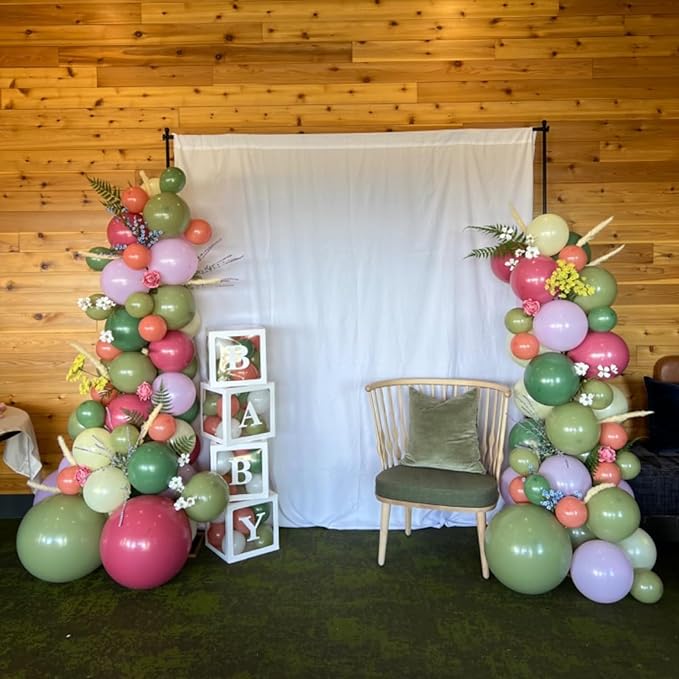 Pink and Green Balloons Arch Double Stuffed, Sage Olive Green Dusty Blush Pink Balloon Garland Yellow Plum Latex Balloon Different Sizes for Fairy Floral Wildflower Tropical Birthday Party Decorations