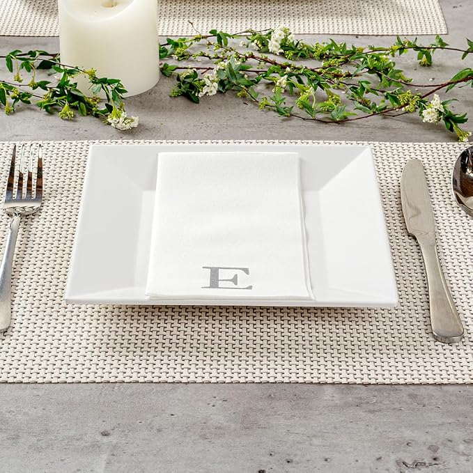 Luxenap 15.8 X 7.9 Inch Linen-Feel Guest Towels, 50 Lettered Hand Towels - Silver Letter 'E', Sans Serif Font, White Paper Dinner Napkins, airlaid, For Restrooms And Tables - Restaurantware