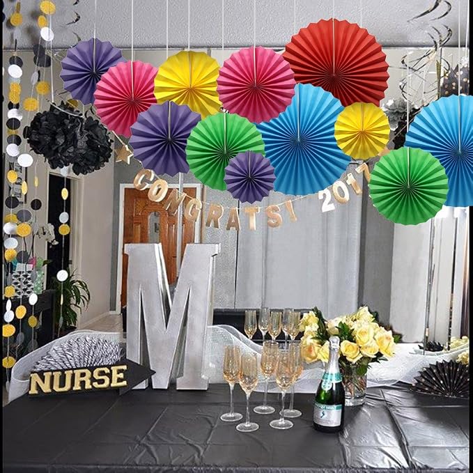 6 Pack Colorful Hanging Paper Fans, Round Pattern Paper Garlands Vibrant Fiesta Pinwheels for Birthday, Back to School Classroom Decor, Baby Shower, Graduation, Wedding Holiday Celebrations