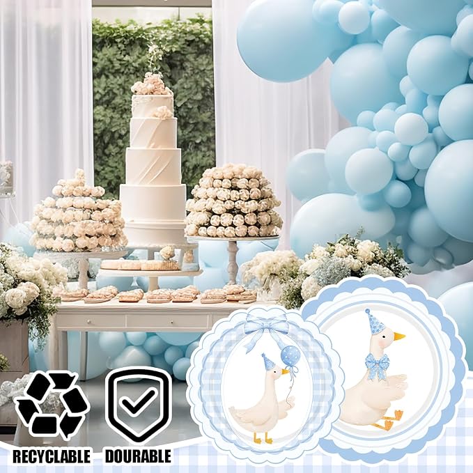 Zhehao 350 Pcs One Silly Goose Birthday Party Tableware Set Blue Bow Scalloped Baby Shower Plates Cup Napkins Forks for Birthday Party Decorations Supplies for 50 Guests