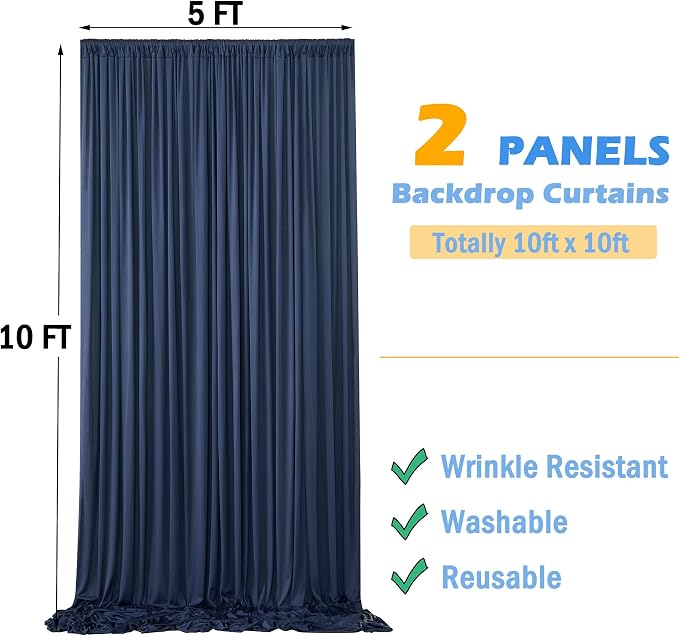 10x10ft Wrinkle Free Navy Blue Backdrop Curtains for Party Background, Silky Polyester Blue Photo Backdrop Drapes 2 Panels 5x10ft Back Drop Cloth Drapery for Wedding Birthday Photography Decor