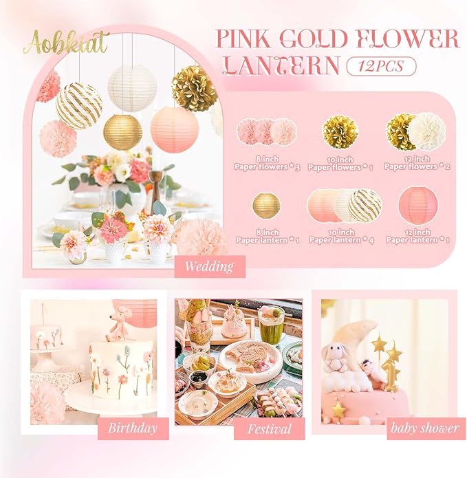 AOBKIAT Birthday Party Decorations Set for Girls Women,12PCS Pink Gold Tissue Paper Pom Poms Lanterns Flowers,for Engagement,Wedding,Baby Shower,Bridal Shower,Girl Party