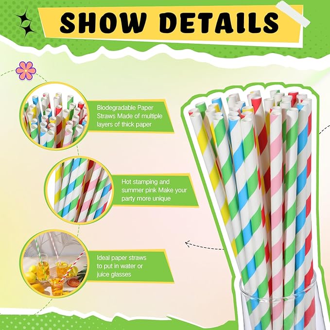 Eaasty 500 Pack 12 Inch Extra Long Paper Straws Bulk Disposable, 8 mm Wide Stripe Straws in 5 Colors, 100% Biodegradable, Non-soggy Paper for About 40oz Tumblers Smoothies Tall Drinks