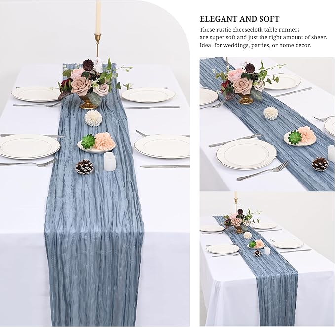 24 Pack Dusty Blue Cheesecloth Table Runner 120 inch Fall Thanksgiving Boho Rustic Gauze Farmhouse 10FT Cheese Cloth Runner for Baby Shower Wedding Party Holiday Home Decor