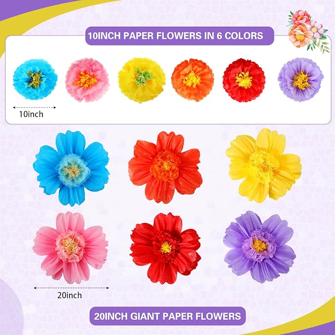 Crowye 12 Pcs Large Colorful Tissue Paper Flowers Decorations Giant Fiesta Craft Crepe Paper Flowers for Wall Decor Backdrop Mexican Wedding Birthday Carnival Party (10'' 20'',Cute Color)