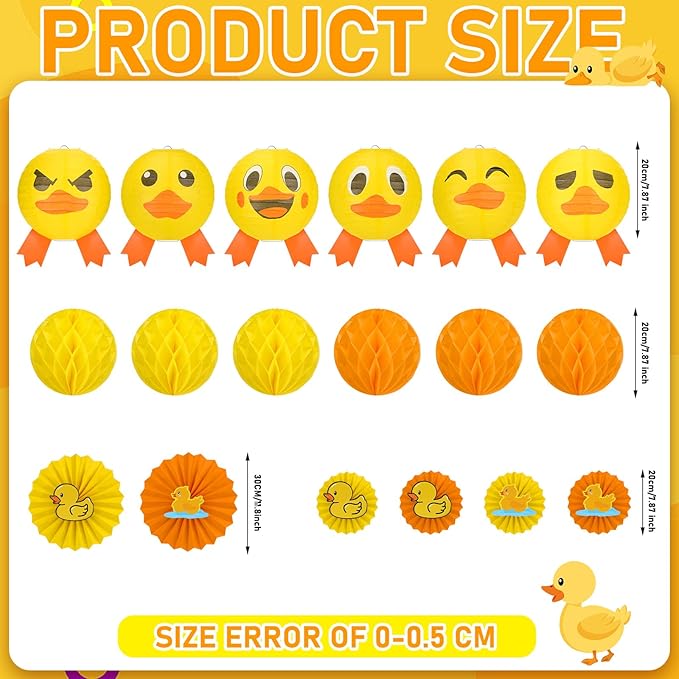Retisee 18 Pcs Rubber Duck Party Decoration Yellow Duck Hanging Paper Lantern Honeycomb Fans Honeycomb Ball for Themed Birthday Party Ceiling Decor Supplies