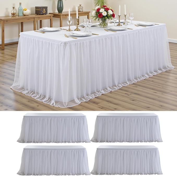 4-Pack White Tulle Tablecloth for 6 Ft Rectangle Tables – Elastic Spandex Table Cover with Tutu Skirt, Wrinkle Free for Wedding, Birthday Party, Banquet Buffet, Craft fairs