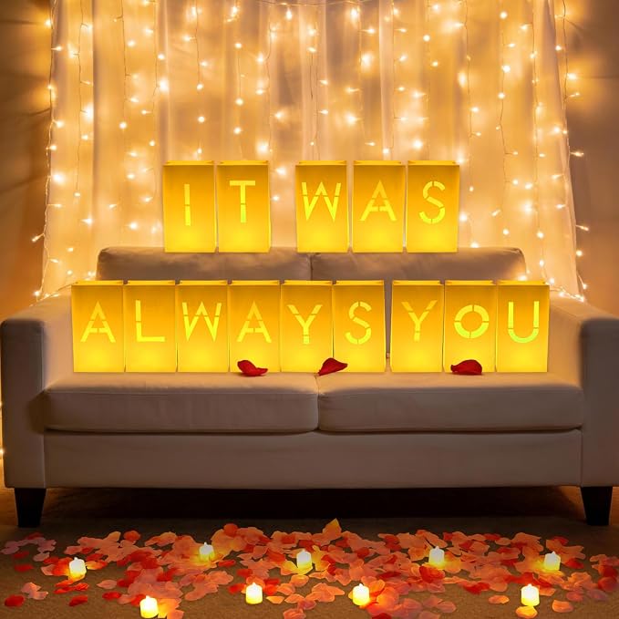 NEXAGEBIUS Valentines Day Decorations It Was Always You Sign Luminary Bags Light Up Letter Set with 2000PC Rose Petals and Candles for Anniversary Romantic Decorations Special Night Decor for Woman Man Girl