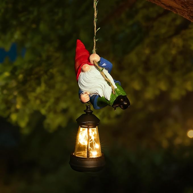 Solar Hanging Gnome Garden Statues Climbing Rope Gnome with LED Lantern Outdoor Decor Tree Hugger Yard Porch Wall Fence Decoration Mother's Day Birthday Gifts for Mom Women, Red Hat