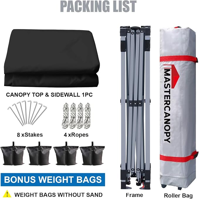 MASTERCANOPY 8x8 Pop Up Canopy Tent with 1 Sidewall, 1 Person Setup Instant Shelter, Outdoor Portable Beach Canopy, 1 Roller Bag, 4 Sandbags, 4 Ropes, 8 Stakes (8x8, Black)
