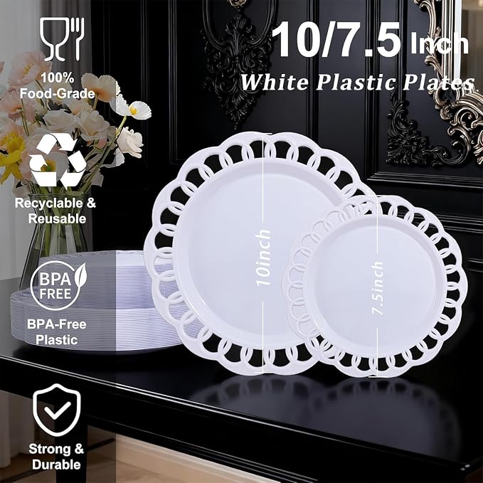 COLOSUS 60pcs White Plastic Plates Set,Fany White Baroque Plates for 30 guest.Elegant Lace Rim Design Disposable Plate include 30 Dinner plates and 30 Dessert plates for Party,Halloween,New Year