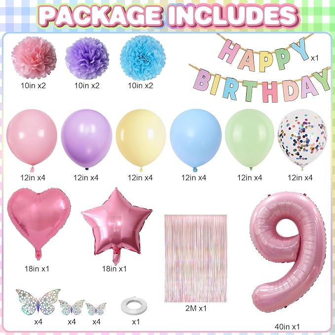 Pastel 9th Birthday Party Decorations for Girls Number 9 Balloon Happy Birthday Banner Butterfly Stickers Fringe Curtain Paper Pom Poms Macaron Pink Star Heart Foil Colorful Balloons 9 Year Old Decor