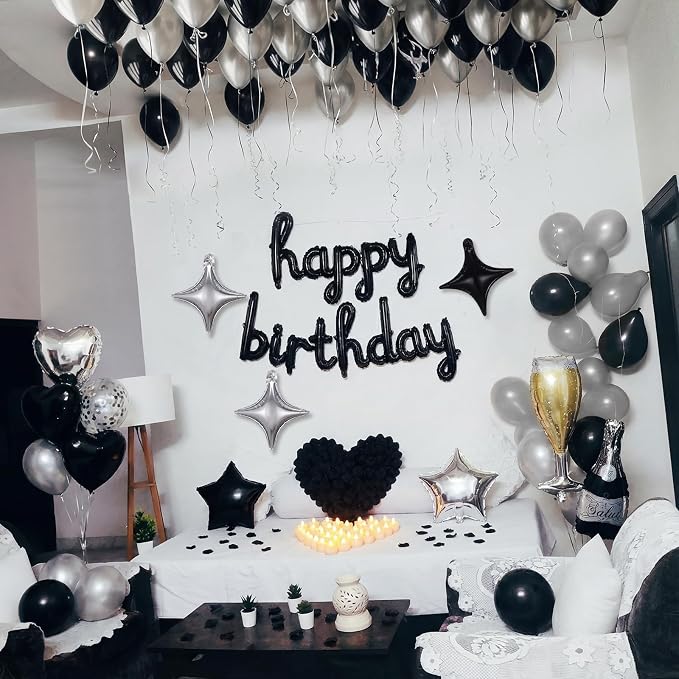 Realspring 175 Pcs Black Happy Birthday Balloons Decorations Set Black and Sliver Birthday Letters Banner with LED Candle Star Balloons 5000 Rose Petals for Surprise Party Room Decor Men Women