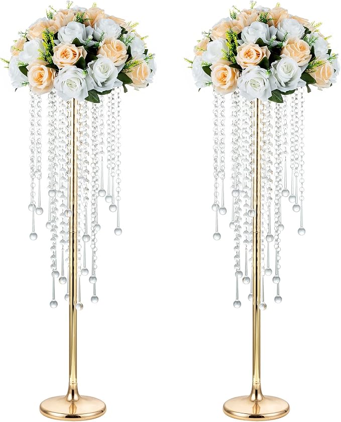 NUPTIO Gold Vase Wedding Centerpieces: 2 Pcs 29.5in Tall Crystal Flower Stand for Tables Elegant Metal Flowers Arrangement Vases for Weddings Birthday Party Anniversary Reception Home Decorations