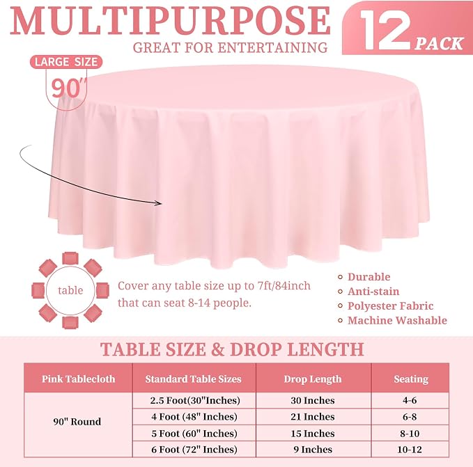 Showgeous 12 Pack Pink Washable Polyester Tablecloths - 90 Inch Round Table Cloths Wrinkle Resistant Decorative Fabric Table Cover for Dining Wedding Party