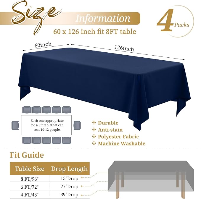 Showgeous 4 Pack Navy Blue Rectangle Tablecloths, 60 x 126 Inch, Wrinkle Resistant, Washable Polyester, Perfect for 8 Foot Table, Wedding, Dining, Party