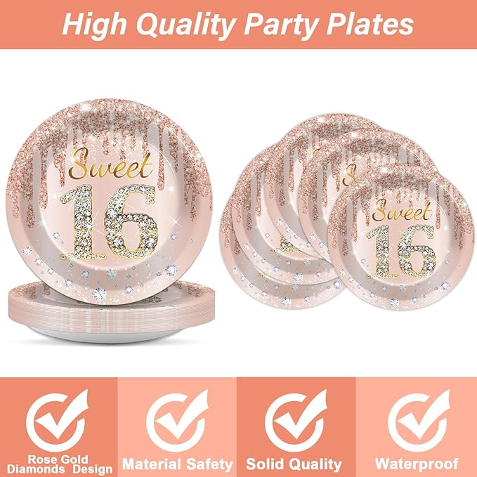 96PCS Rose Gold Sweet 16th Birthday Party Paper Plates and Napkins Sixteenth Birthday Party Decoration 16 Years Old Disposable Cake Dessert Tableware Set Serves 24 Guests Girls Ladies Supplies Favor
