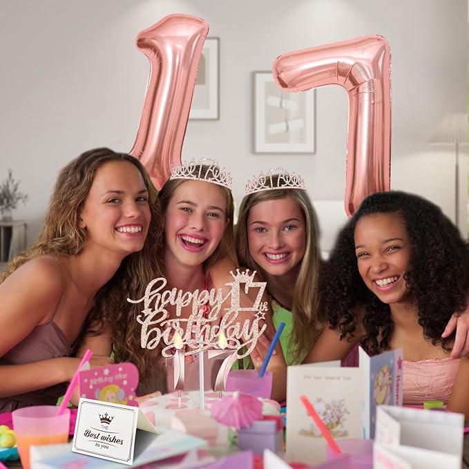 17th Birthday Decorations for Girl, Including 17th Birthday Tiara and Sash, Cake Topper and Candles, Number Balloons, Greeting Card, 17 Year Old Gifts for Girls