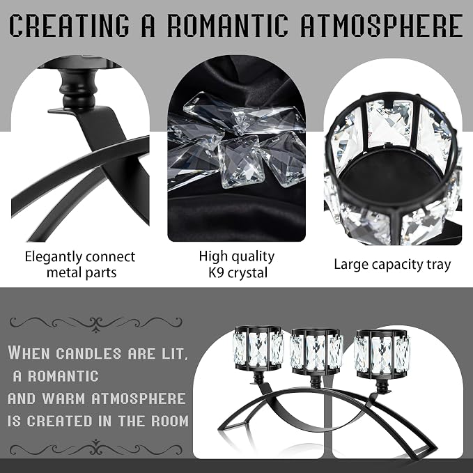 Black 3-Arm Crystal Candle Holders Arched - Elegant Tabletop Candelabra Centerpiece for Weddings, Dining Room Decor, Modern Home & Cabinet Display for & Housewarming