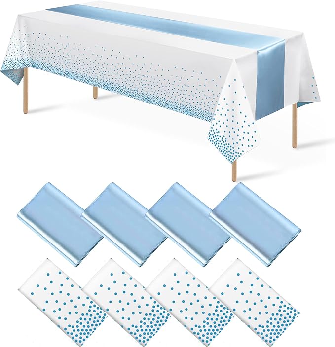 8Pack Disposable Plastic Tablecloths and Satin Table Runner Set White and Light Blue Dot Tablecloth Light Blue Satin Table Runner for Wedding Birthday Baby Shower Engagement Christmas Party Supplies