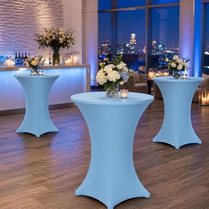 Cocktail Table Covers - 6 Pack 32x43 Inch Table Cloth - Light Blue Fitted Stretch Spandex Round High Top Tablecloth for Party, Bar, Birthday, Pub, Banquet