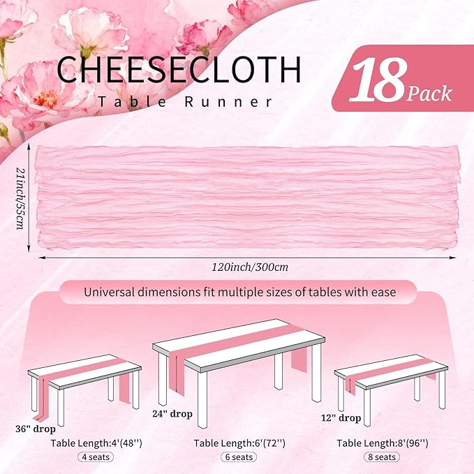 18 Pack Cheesecloth Table Runner 10FT Light Pink Table Runner Boho Gauze Cheese Cloth Table Runners Long Rustic Sheer Table Decorations for Wedding Party Baby Bridal Shower Birthday Holiday Home