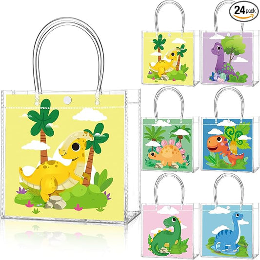 Teenyyou 24 Pcs Dinosaur Clear Gift Bags with Handles Cute Dinosaur Party Favor Candy Snack Treat Bags for Birthday Baby Shower Dino Theme Party Supplies