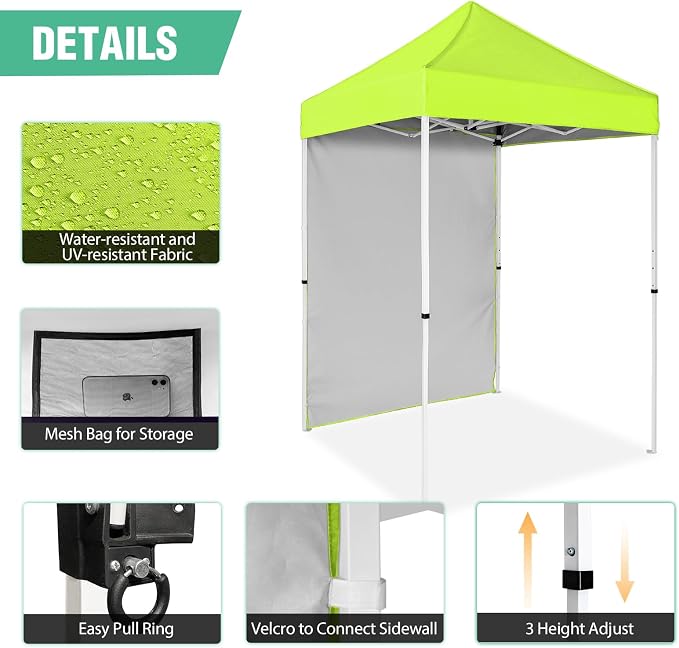 5x5 Pop Up Canopy Tent with One Sidewall, Instant Portable Beach Canopy, Outdoor Tent with Carry Bag for Camping, Sports, Tailgating, Events, Neon Green