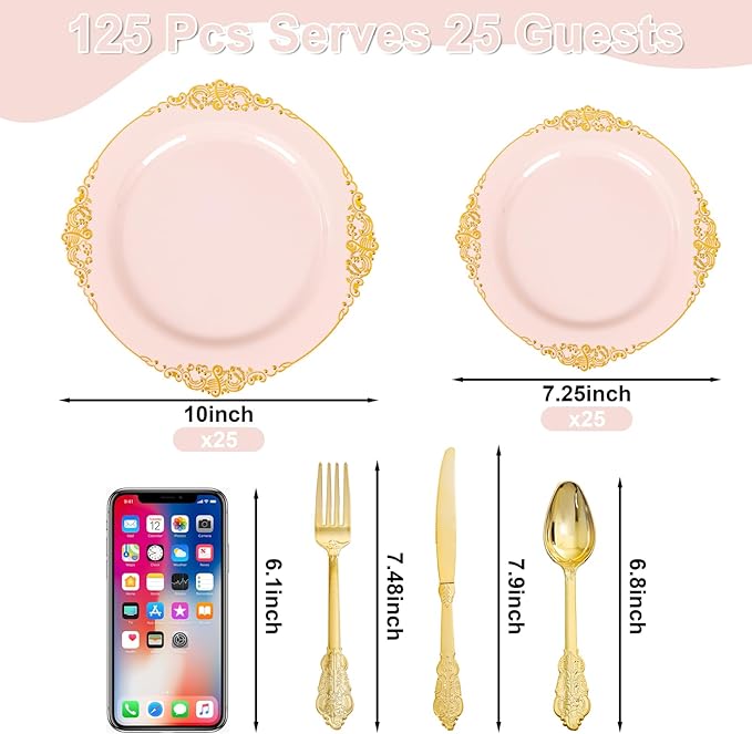 125PCS Pink and Gold Plastic Plates - Pink Disposable Plates - Vintage Plate with Gold Plastic Silverware Set for 25 Guests for Weddings Baby Shower Parties