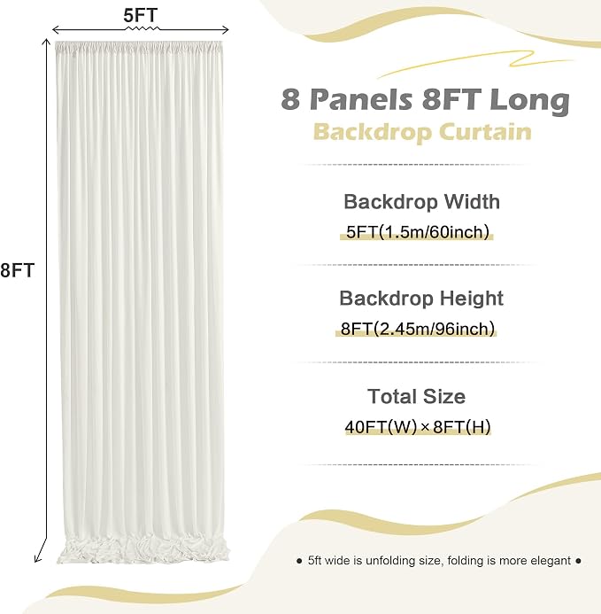 40ft x 8ft Wrinkle Free Ivory Backdrop Curtain for Parties, 8 Panels 5x8ft Silky Polyester Ivory Wedding Backdrop Drapes Photo Back Drop Cloth for Birthday Baby Shower Photography Background