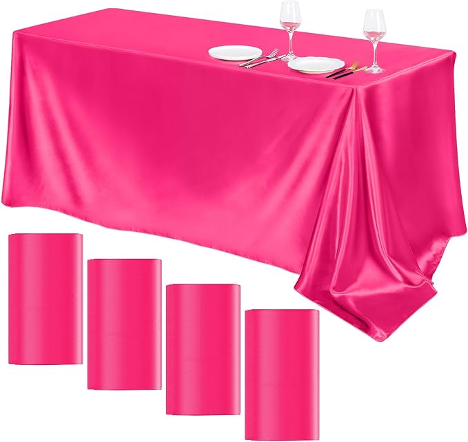 TURSTIN 4 Packs Hot Pink Satin Tablecloth 102 x 58 Inch Overlay Satin Table Cover Rectangle Bright Silk Tablecloth Smooth Fabric Table Decoration for Wedding Banquet Party Events