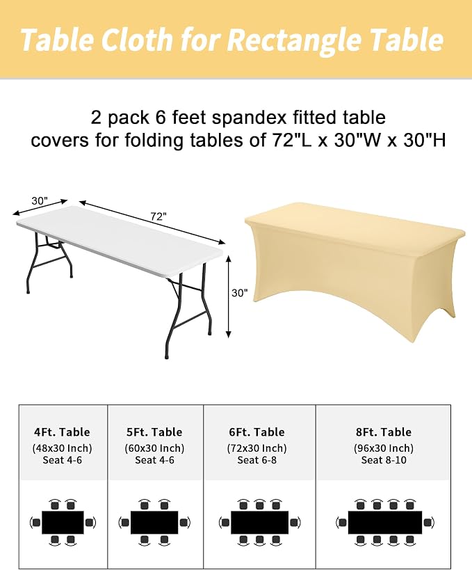 Fixwal Champagne Stretch Table Cloth Rectangle 2 Pack 6Ft, Spandex Fitted Table Covers Washable for Party, Trade Show, Banquet, Wedding, Buffet